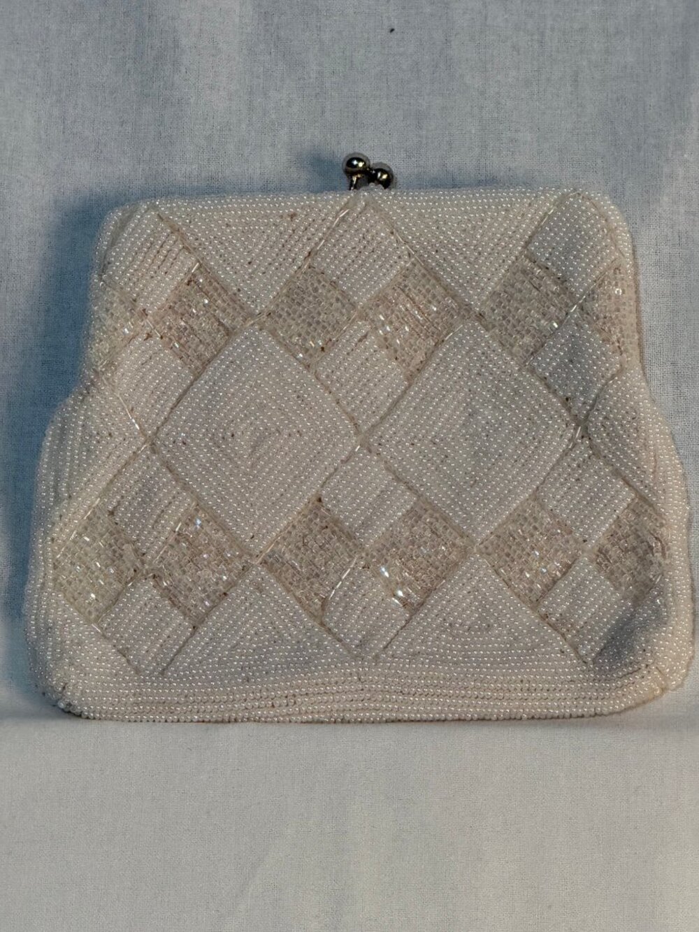 Vintage Beaded Kiss Lock Clutch Purse Evening Bag Cream Ivory